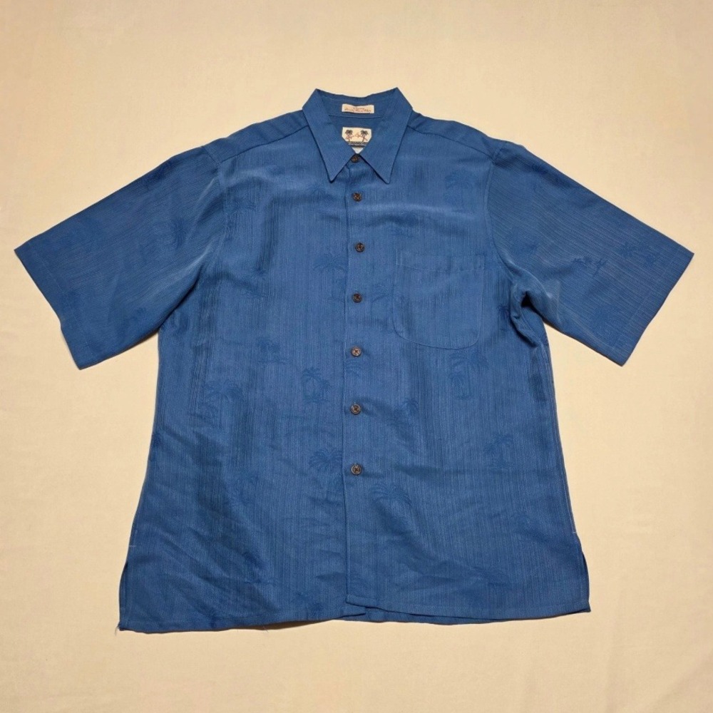 Reyn Spooner Hawaiian Traditionals Blue Palm Tree Jacquard Aloha Shirt Men Large